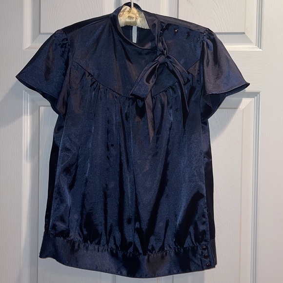 Navy Blue Monaco tie neck button blouse medium - Picture 2 of 7